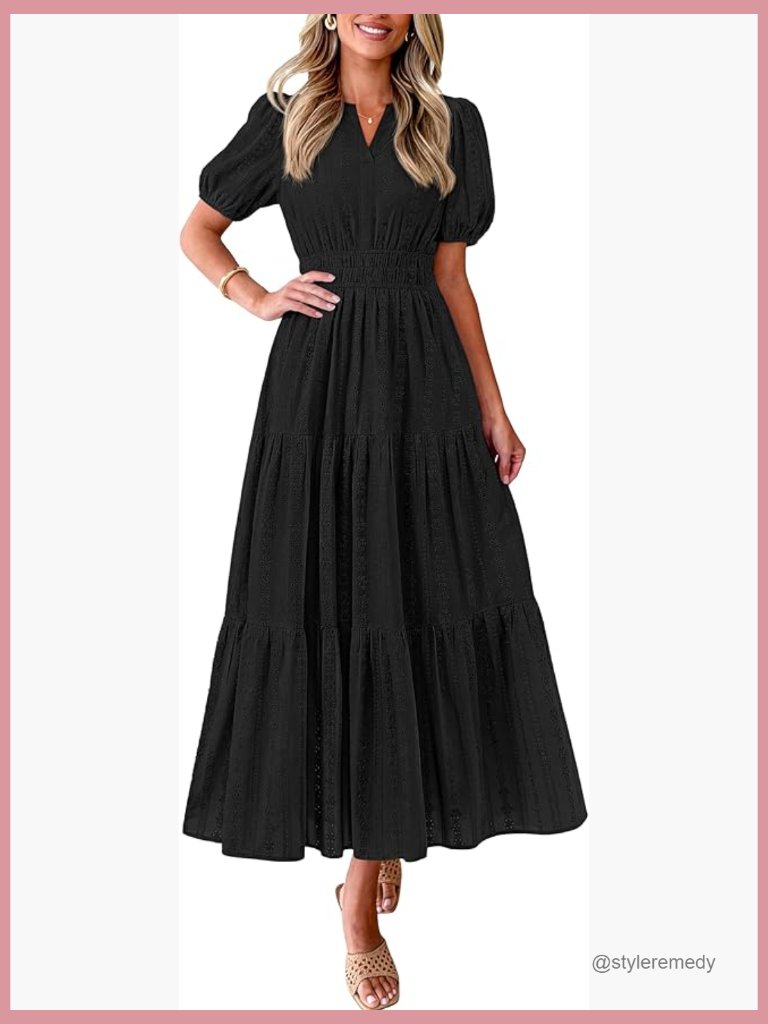 Cotton Maxi Dress With Puff Sleeves V Neck Smocked Waist